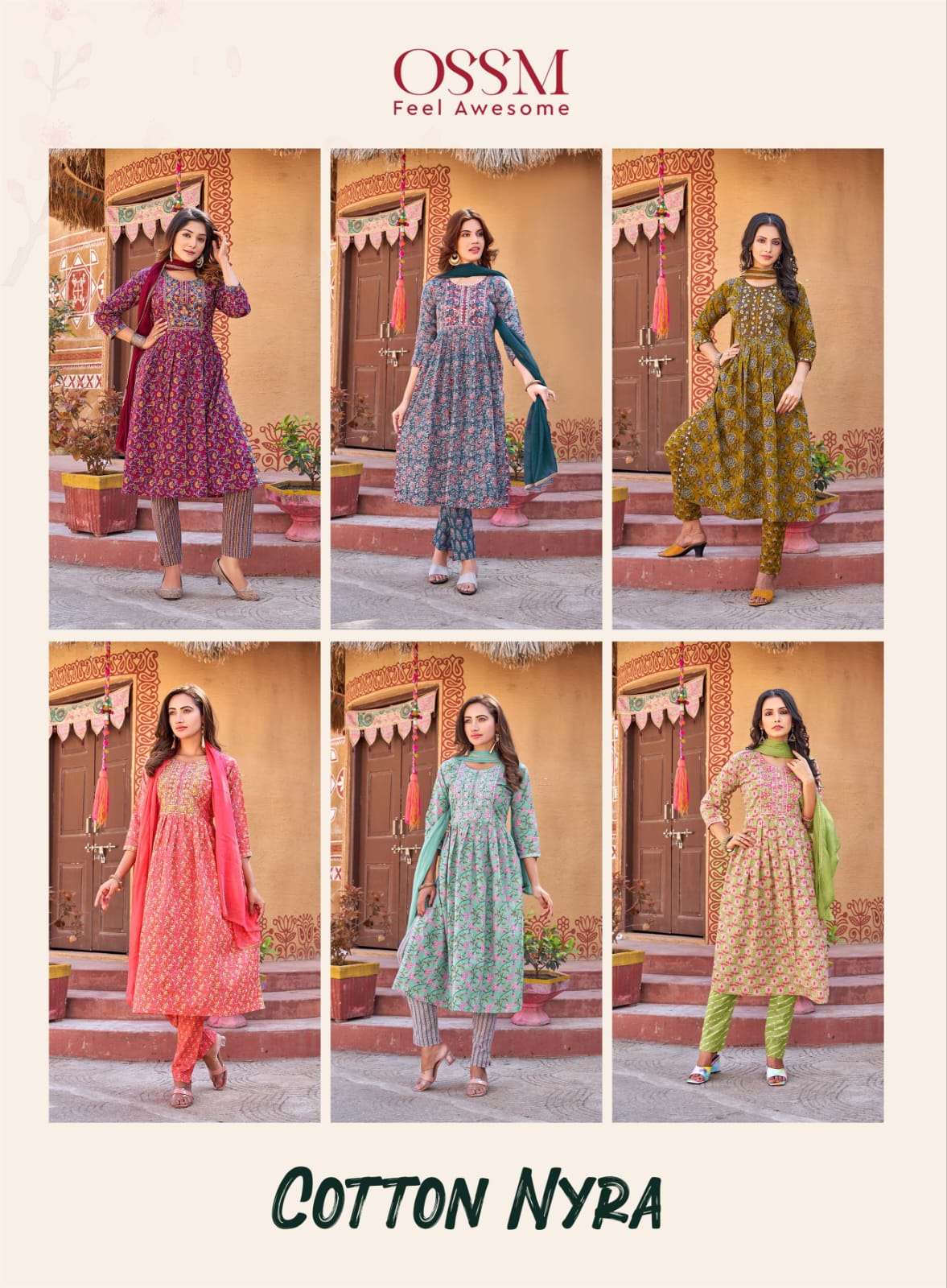 Ossm Cotton Nyra Cotton Print Heavy Embroidery Top Bottom With Dupatta On Wholesale