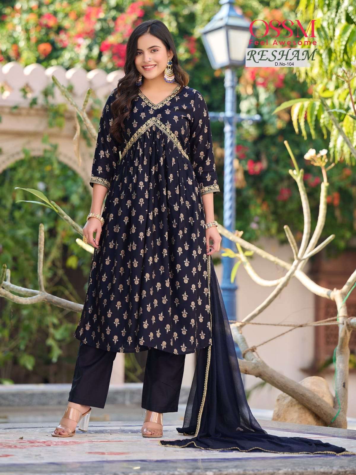 Ossm Resham Alia Premium Chanderi Modal Foil Print Heavy Embroidery On Wholesale