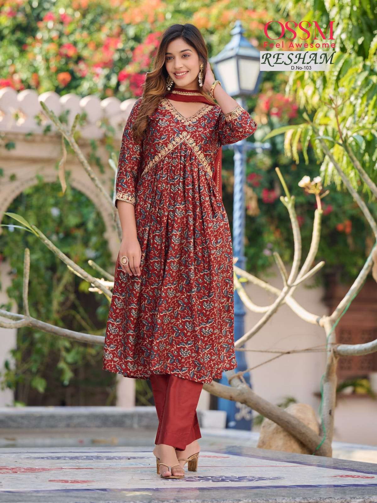 Ossm Resham Alia Premium Chanderi Modal Foil Print Heavy Embroidery On Wholesale