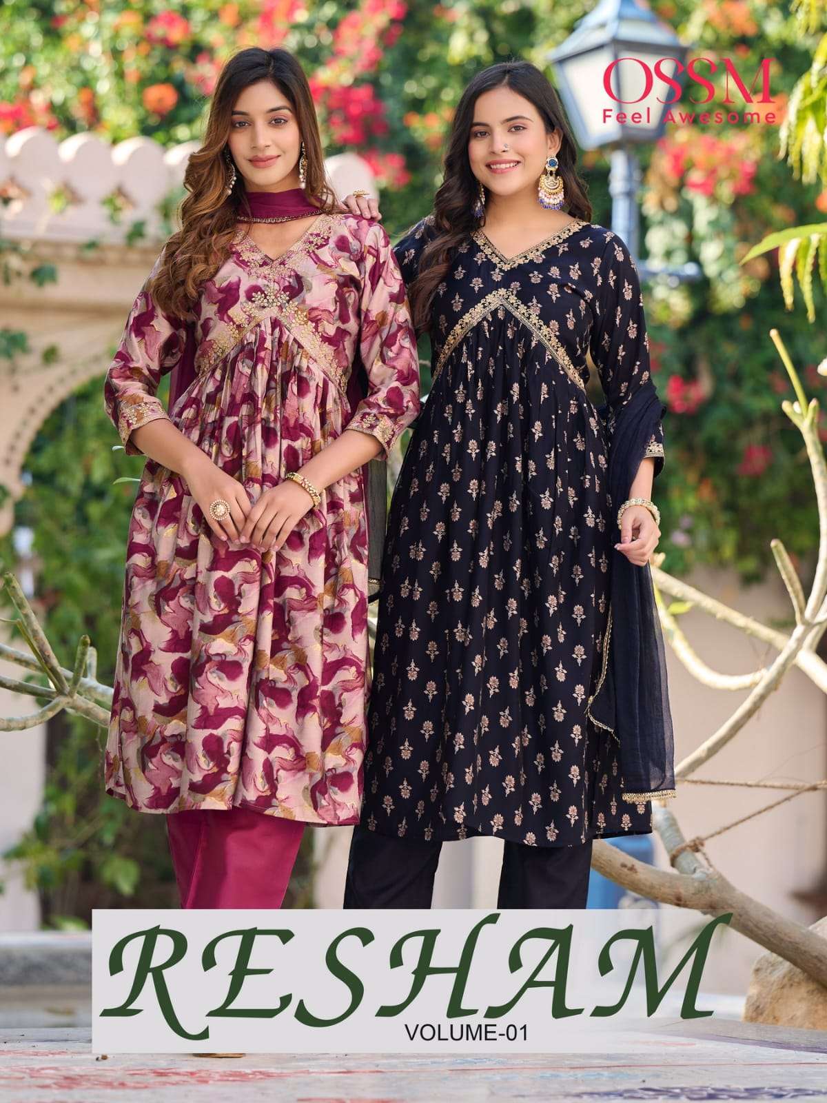 Ossm Resham Alia Premium Chanderi Modal Foil Print Heavy Embroidery On Wholesale