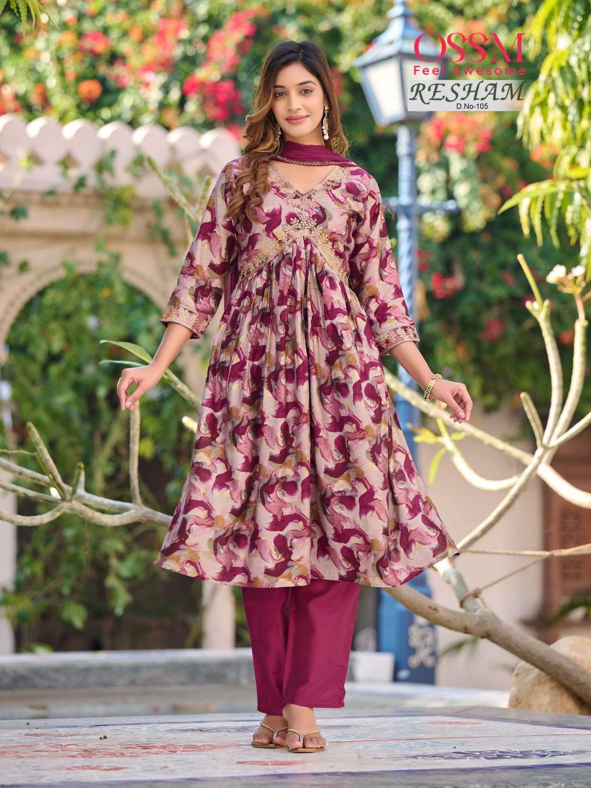 Ossm Resham Alia Premium Chanderi Modal Foil Print Heavy Embroidery On Wholesale