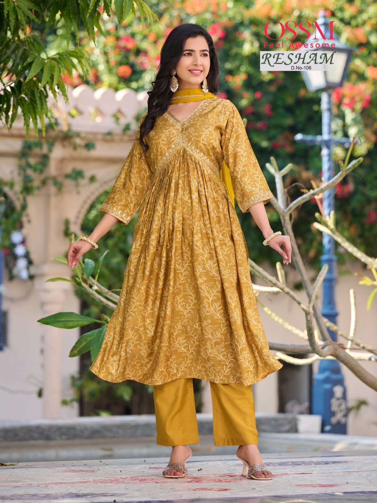 Ossm Resham Alia Premium Chanderi Modal Foil Print Heavy Embroidery On Wholesale