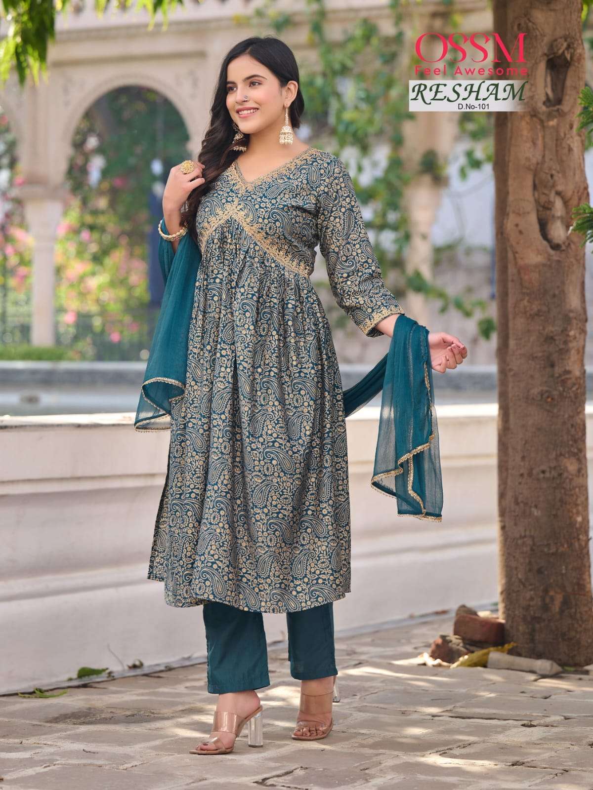 Ossm Resham Alia Premium Chanderi Modal Foil Print Heavy Embroidery On Wholesale
