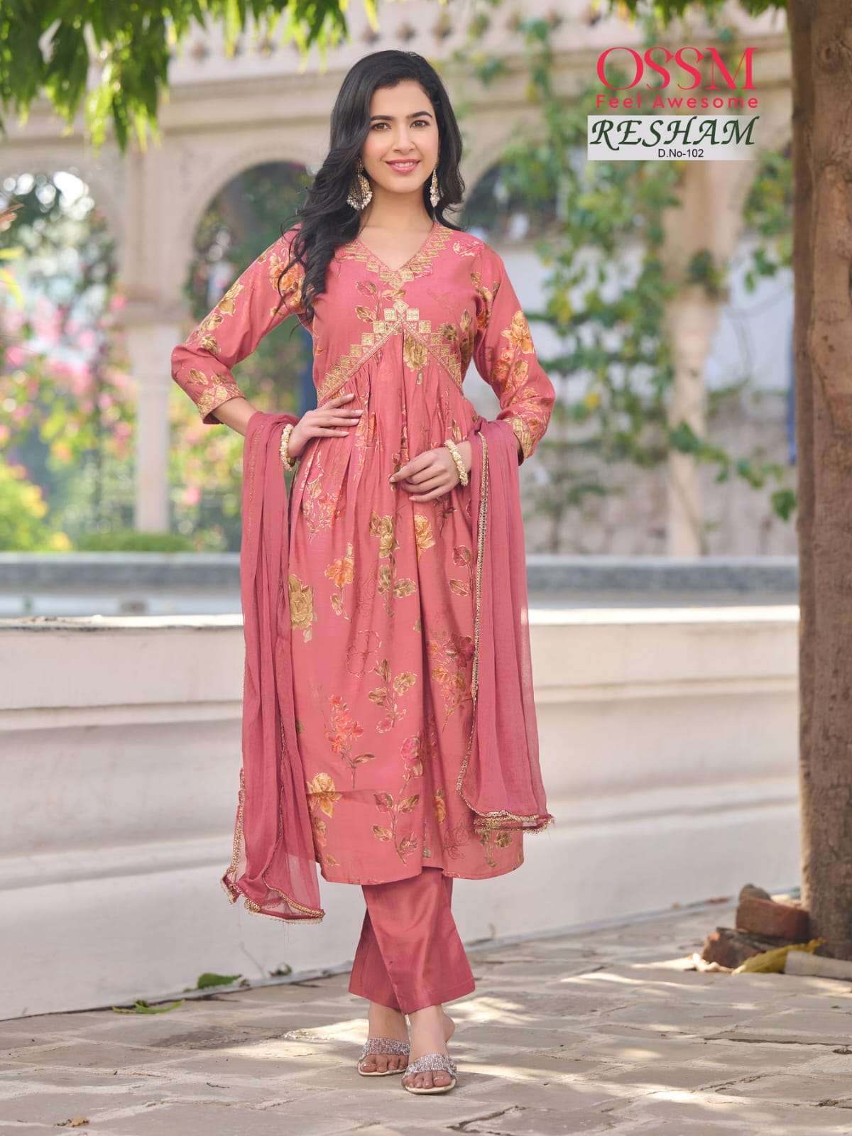 Ossm Resham Alia Premium Chanderi Modal Foil Print Heavy Embroidery On Wholesale