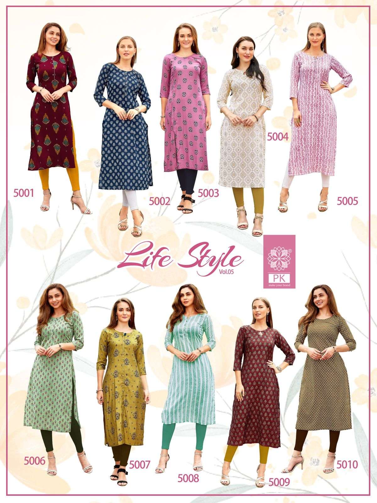 Pk Life Style Vol 5 Rayon Kurtis Printed On Wholesale