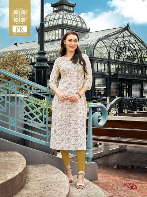 Pk Life Style Vol 5 Rayon Kurtis Printed On Wholesale
