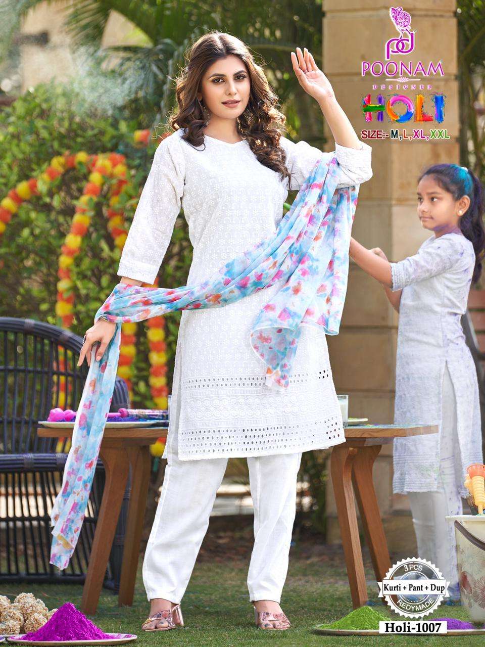 Poonam Designer Holi Special Chiken Work Kurti Pant Set On Wholesale 