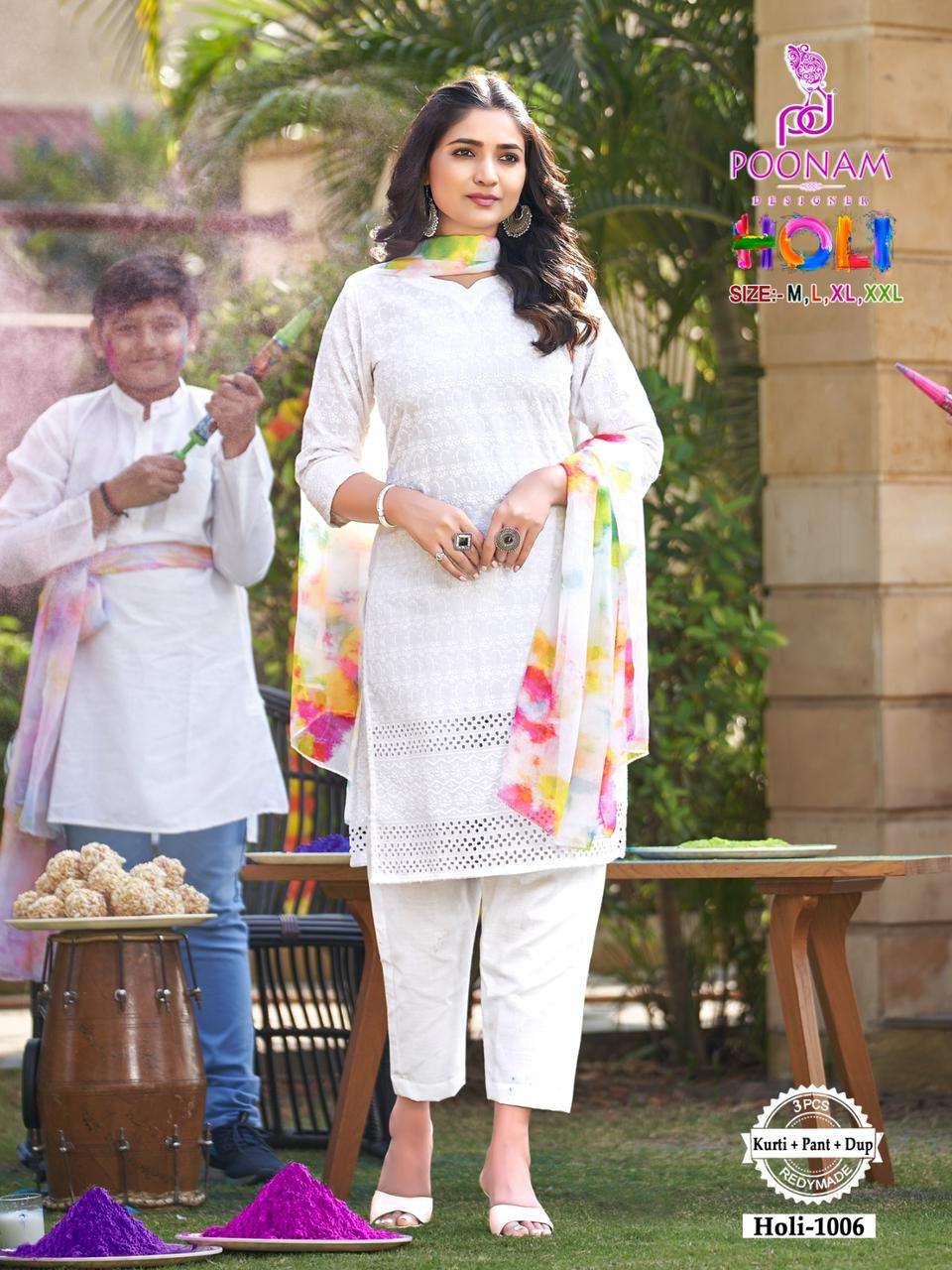 Poonam Designer Holi Special Chiken Work Kurti Pant Set On Wholesale 