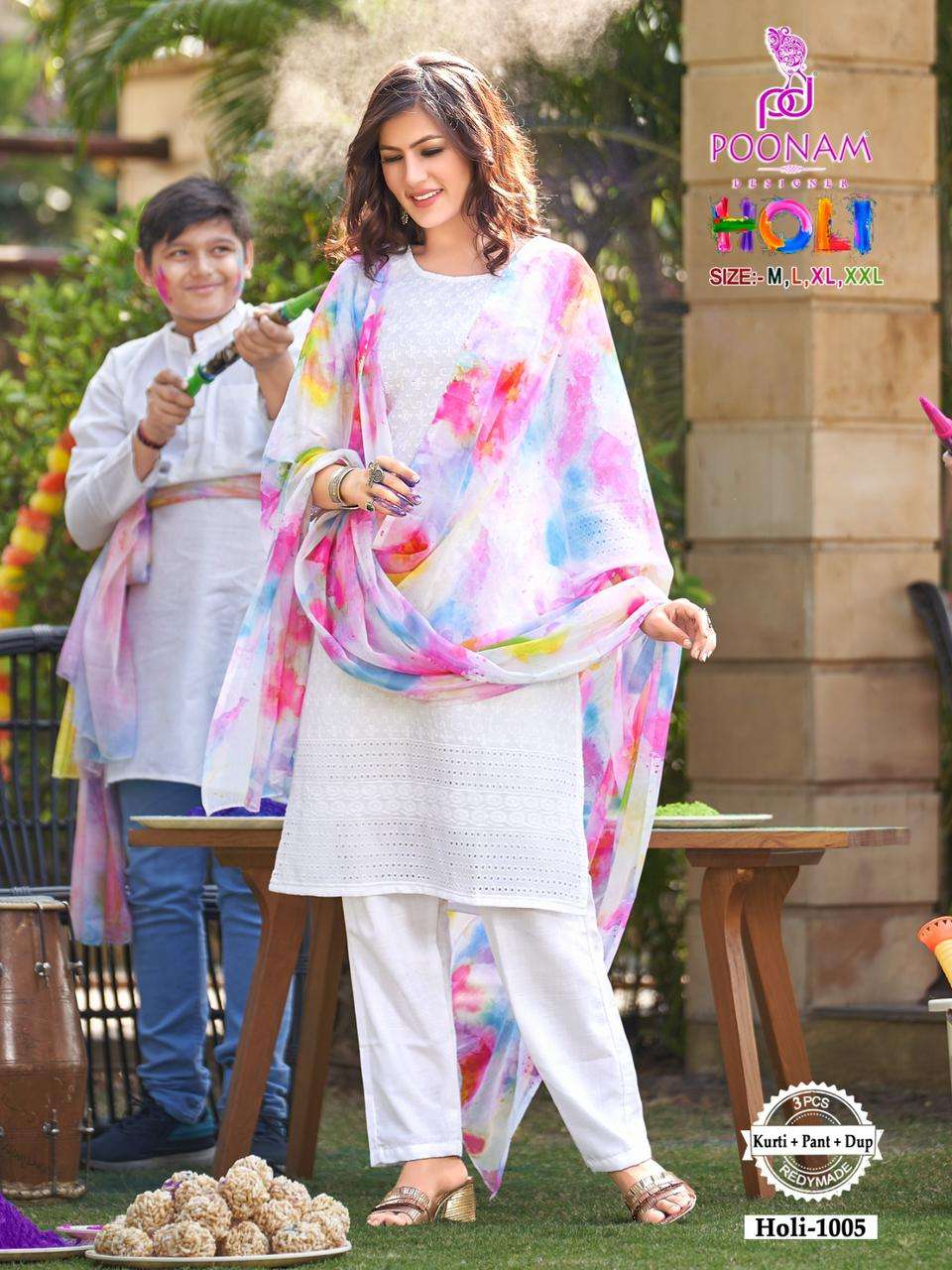 Poonam Designer Holi Special Chiken Work Kurti Pant Set On Wholesale 