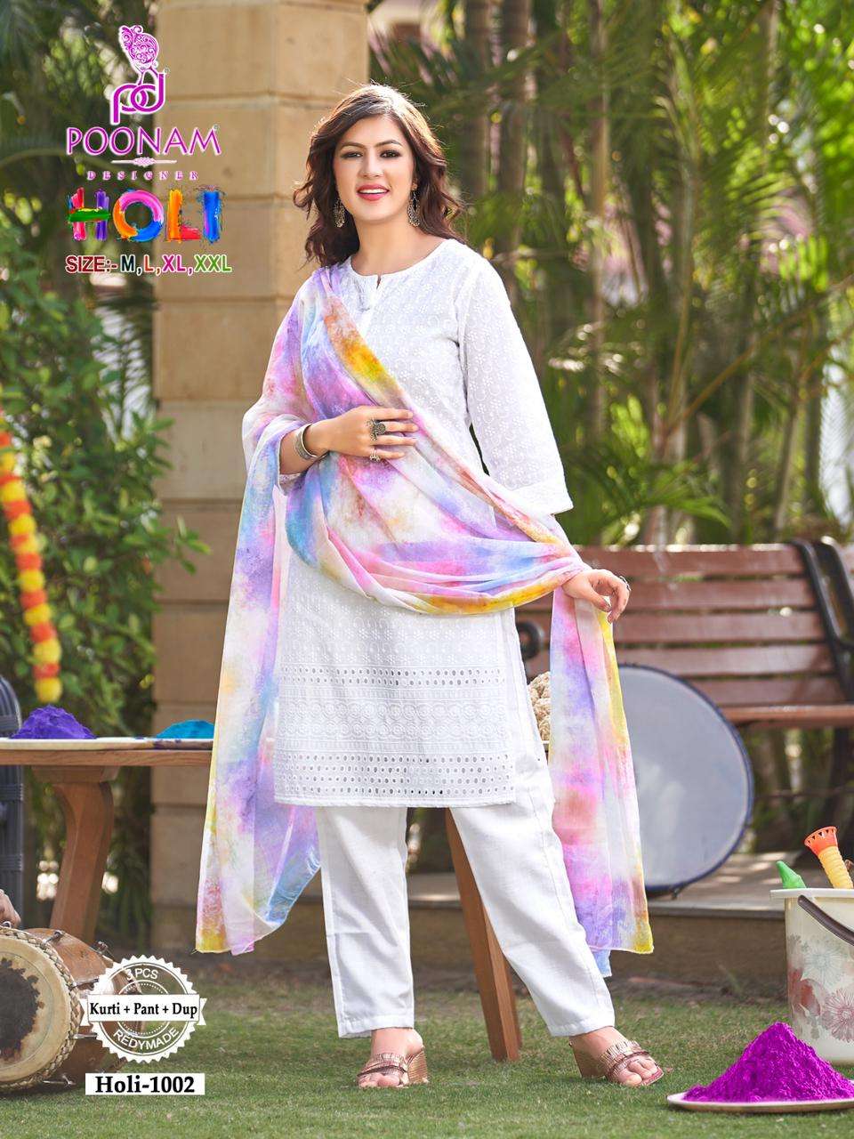 Poonam Designer Holi Special Chiken Work Kurti Pant Set On Wholesale 