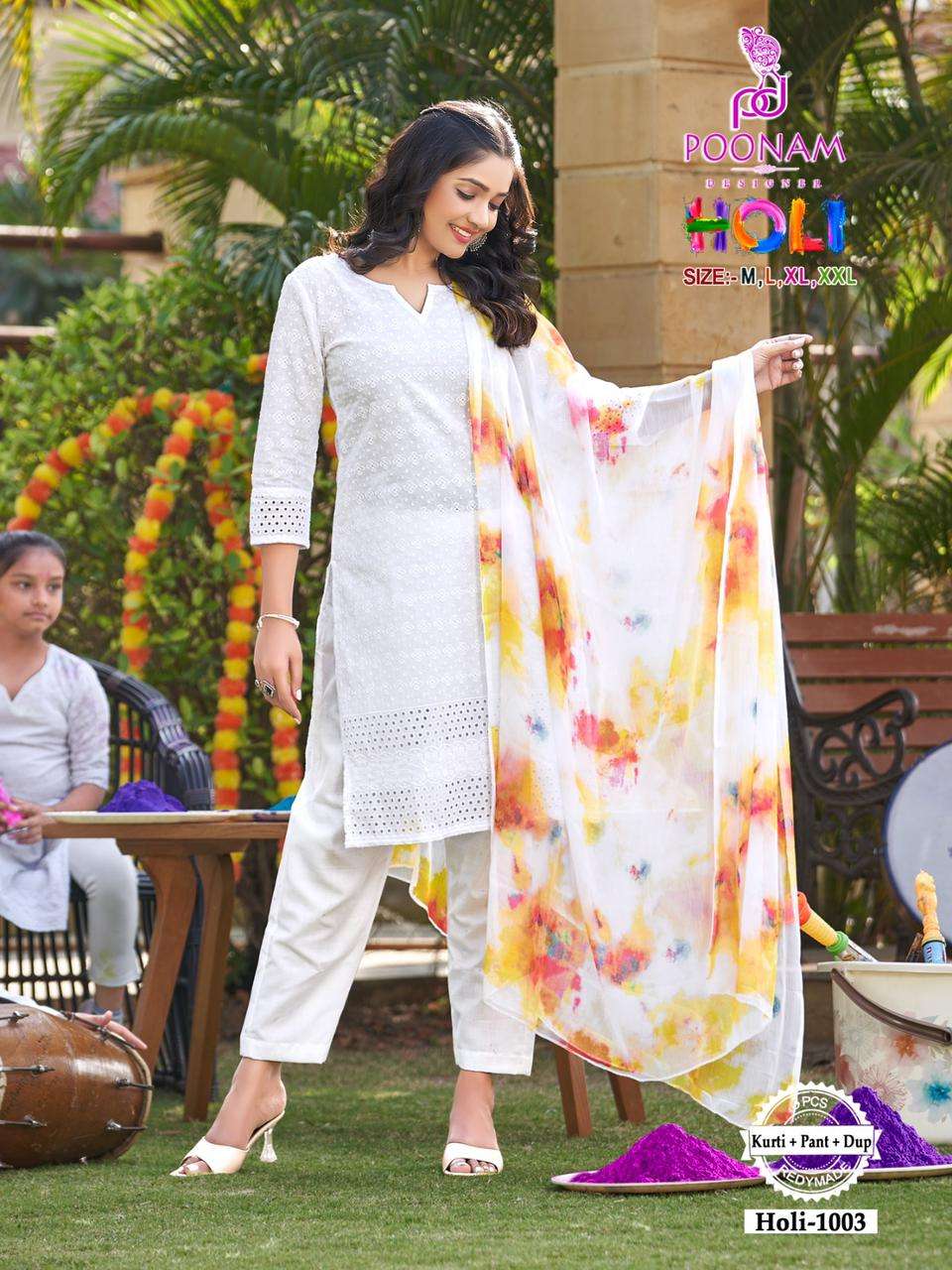 Poonam Designer Holi Special Chiken Work Kurti Pant Set On Wholesale 