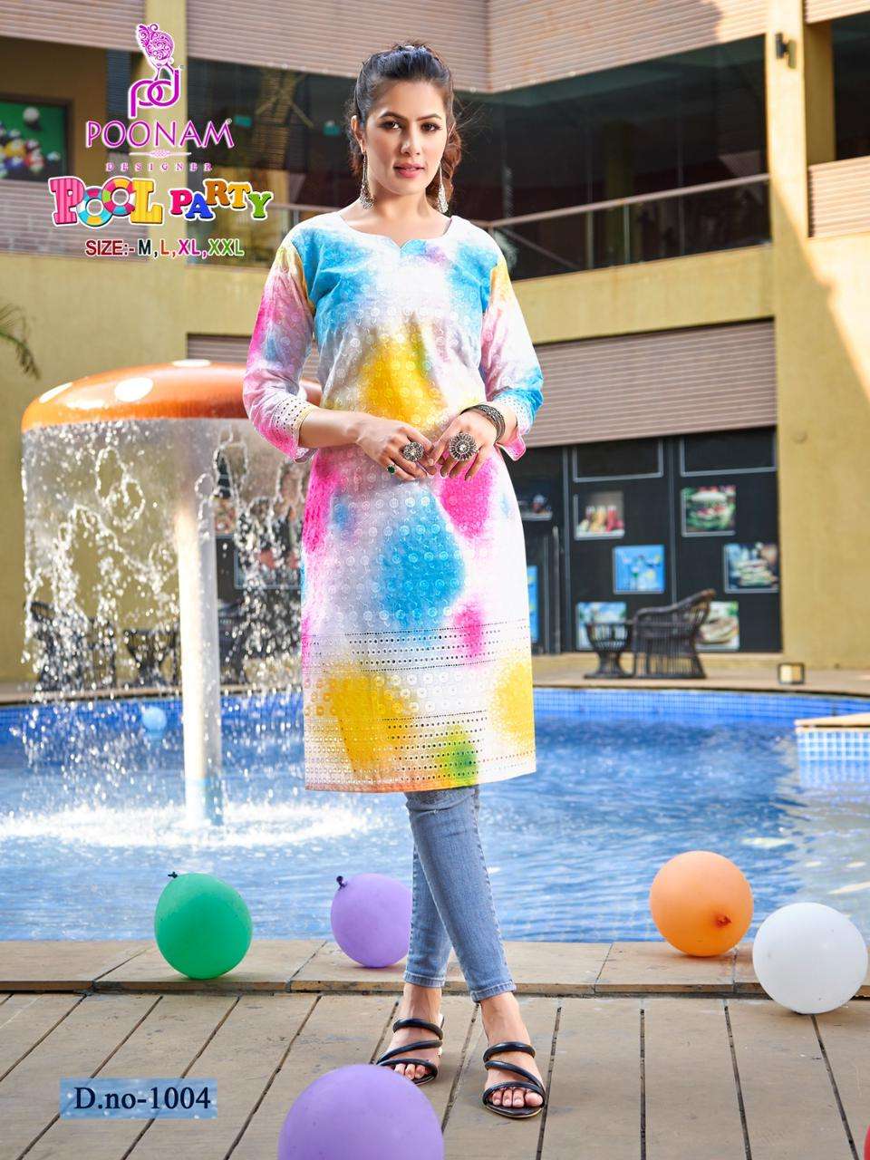 Poonam Designer Pool Party Pure Cotton Chikankari  Digital Print Kurti Collection On Wholesale
