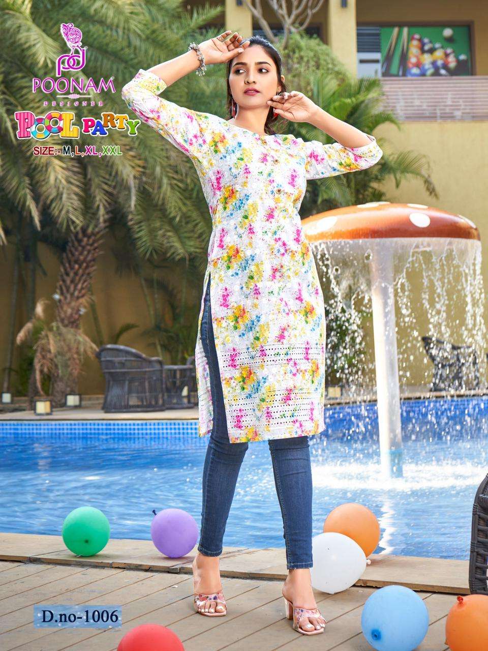 Poonam Designer Pool Party Pure Cotton Chikankari  Digital Print Kurti Collection On Wholesale