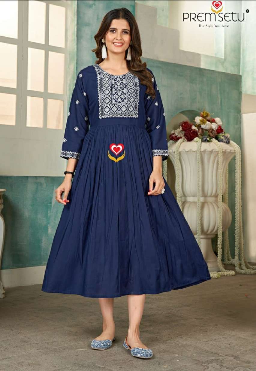 Premsetu Heavy Rayon Embroidered Kurti On Wholesale