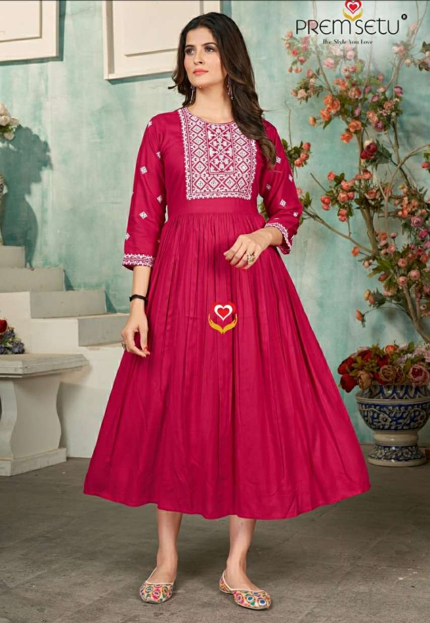 Premsetu Heavy Rayon Embroidered Kurti On Wholesale