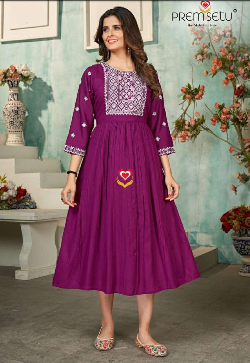 Premsetu Heavy Rayon Embroidered Kurti On Wholesale