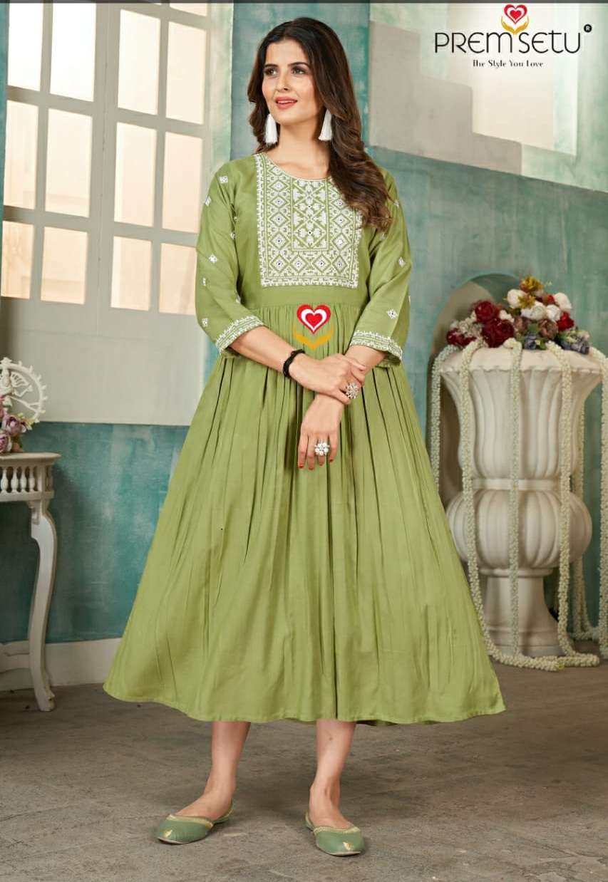Premsetu Heavy Rayon Embroidered Kurti On Wholesale