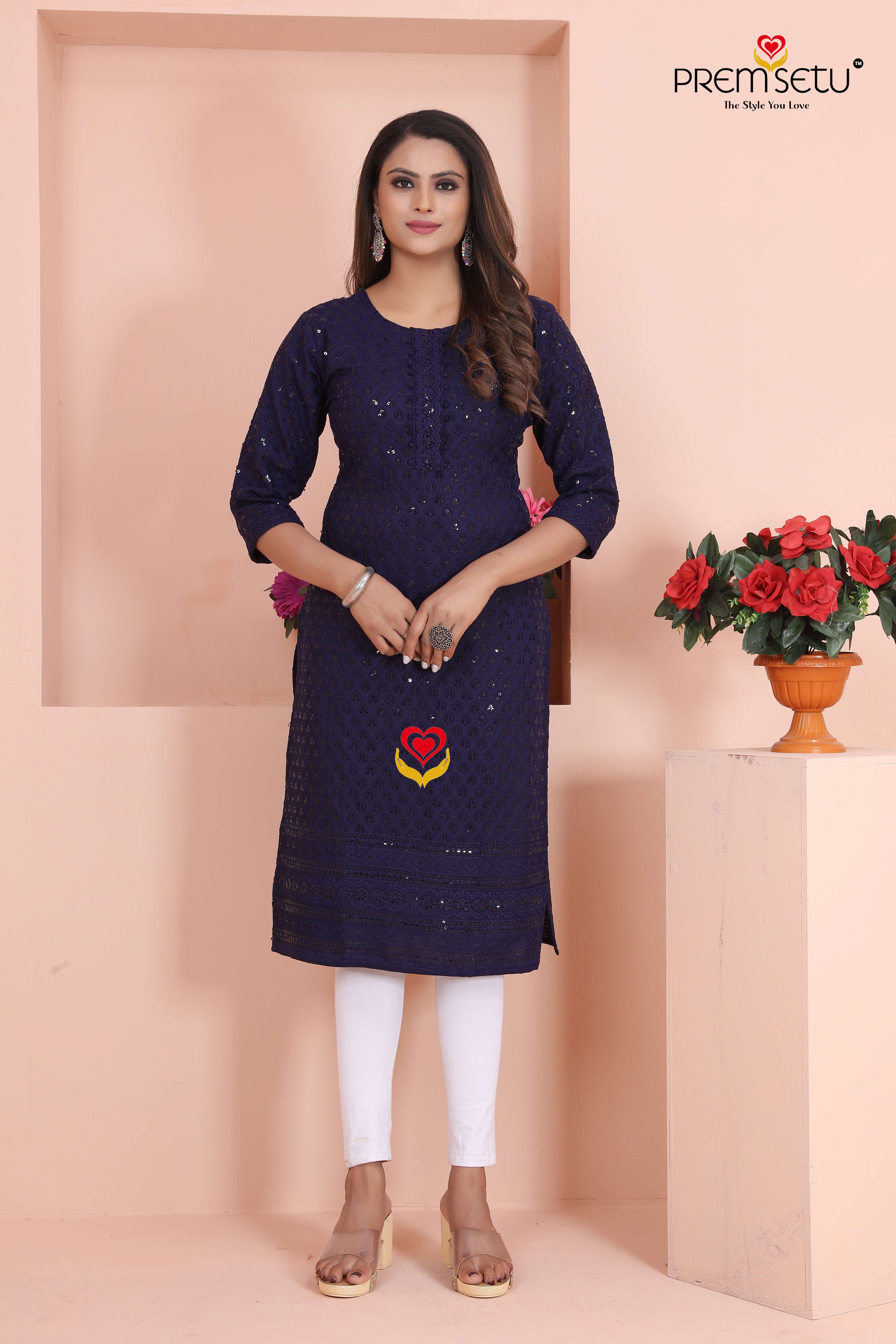 Premsetu Heavy Rayon Shifli Work Kurtis On Front and Back With Wholesale