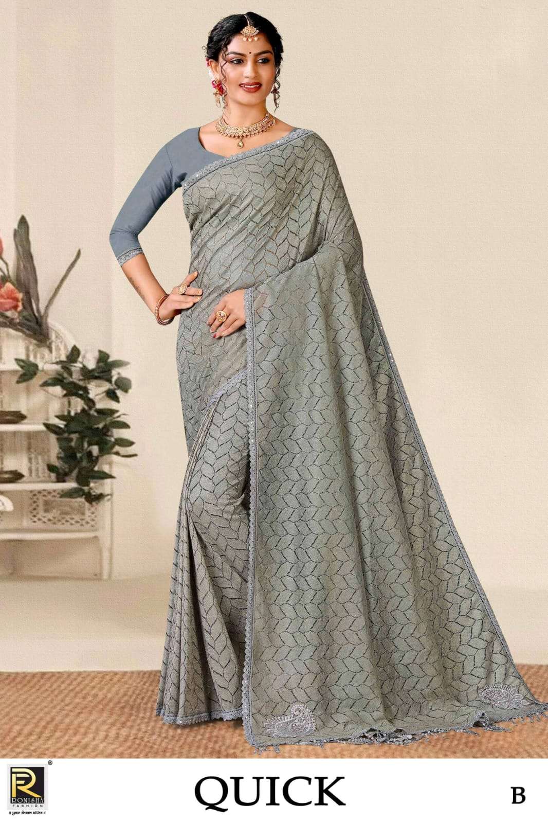 Ronisha Quick Present Fabric Russell Lycra Party Wear Saree On Wholesale