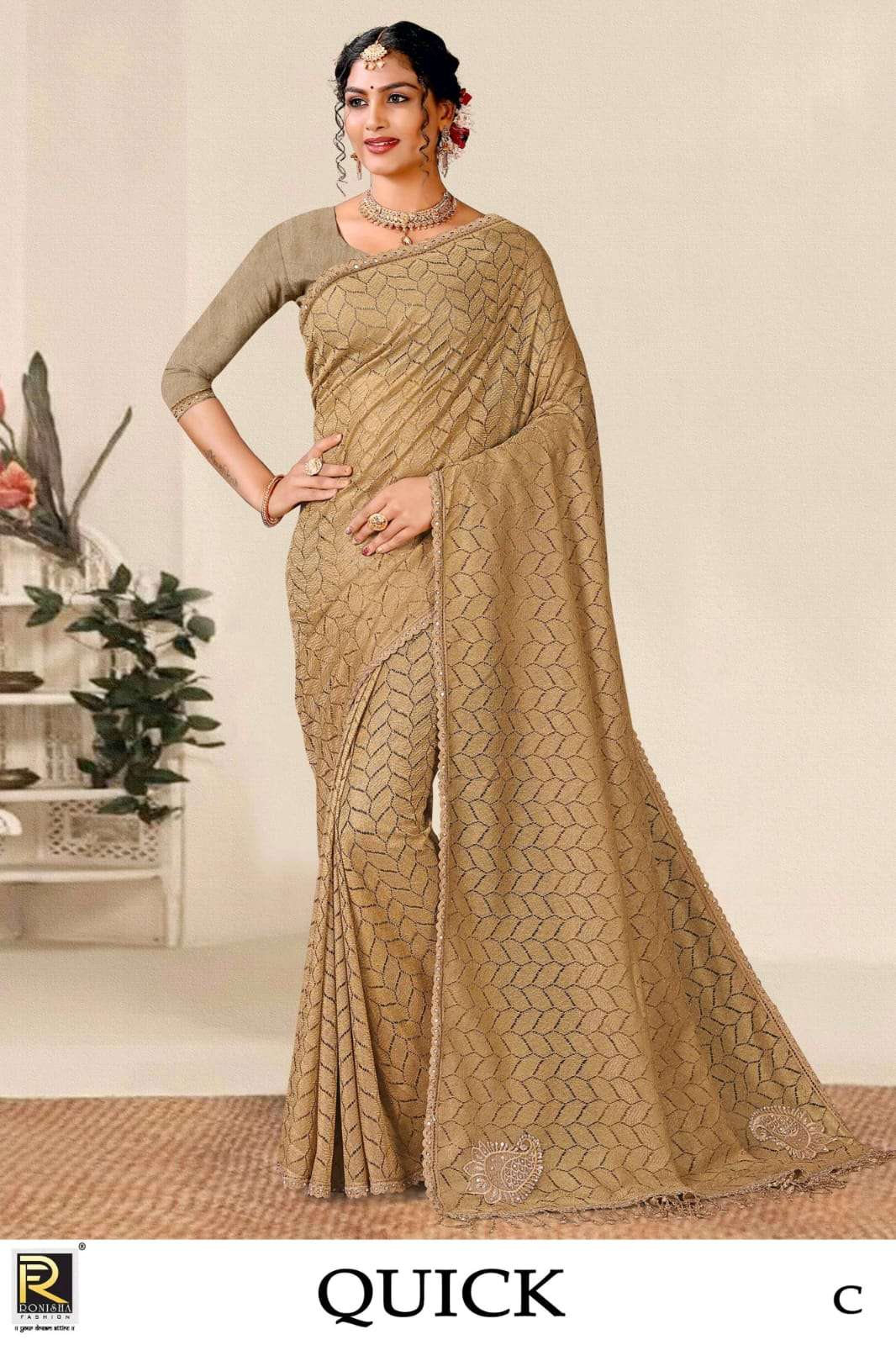 Ronisha Quick Present Fabric Russell Lycra Party Wear Saree On Wholesale