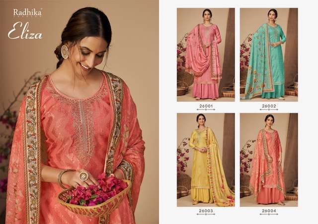 Radhika Fashion Eliza Viscose Modal Chanderi Printed With Self Embroidery Suits On Wholesale