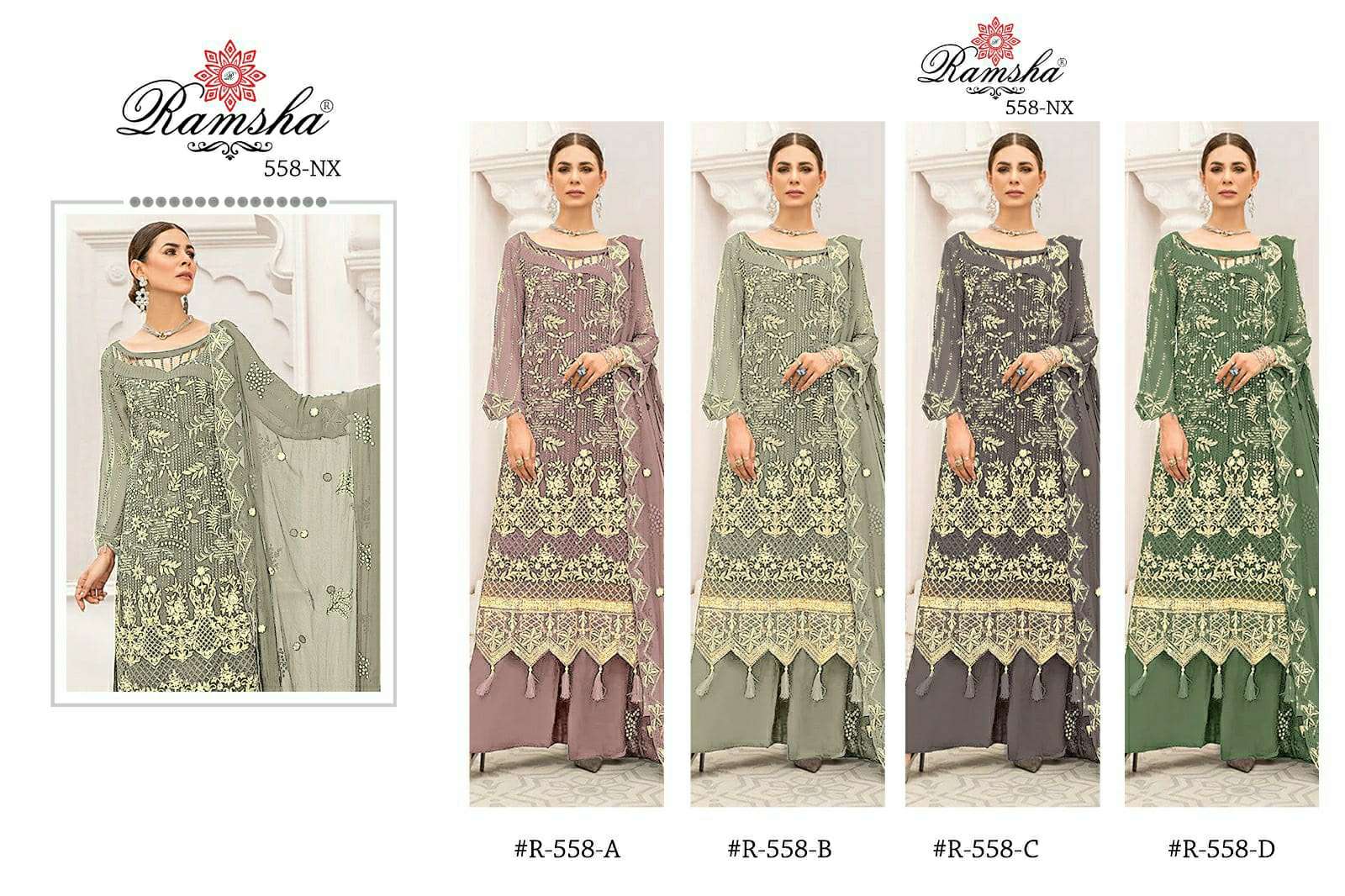 Ramsha Present R-558 NX Faux Georgette With Heavy Embroidery Pakistani Suits On Wholesale