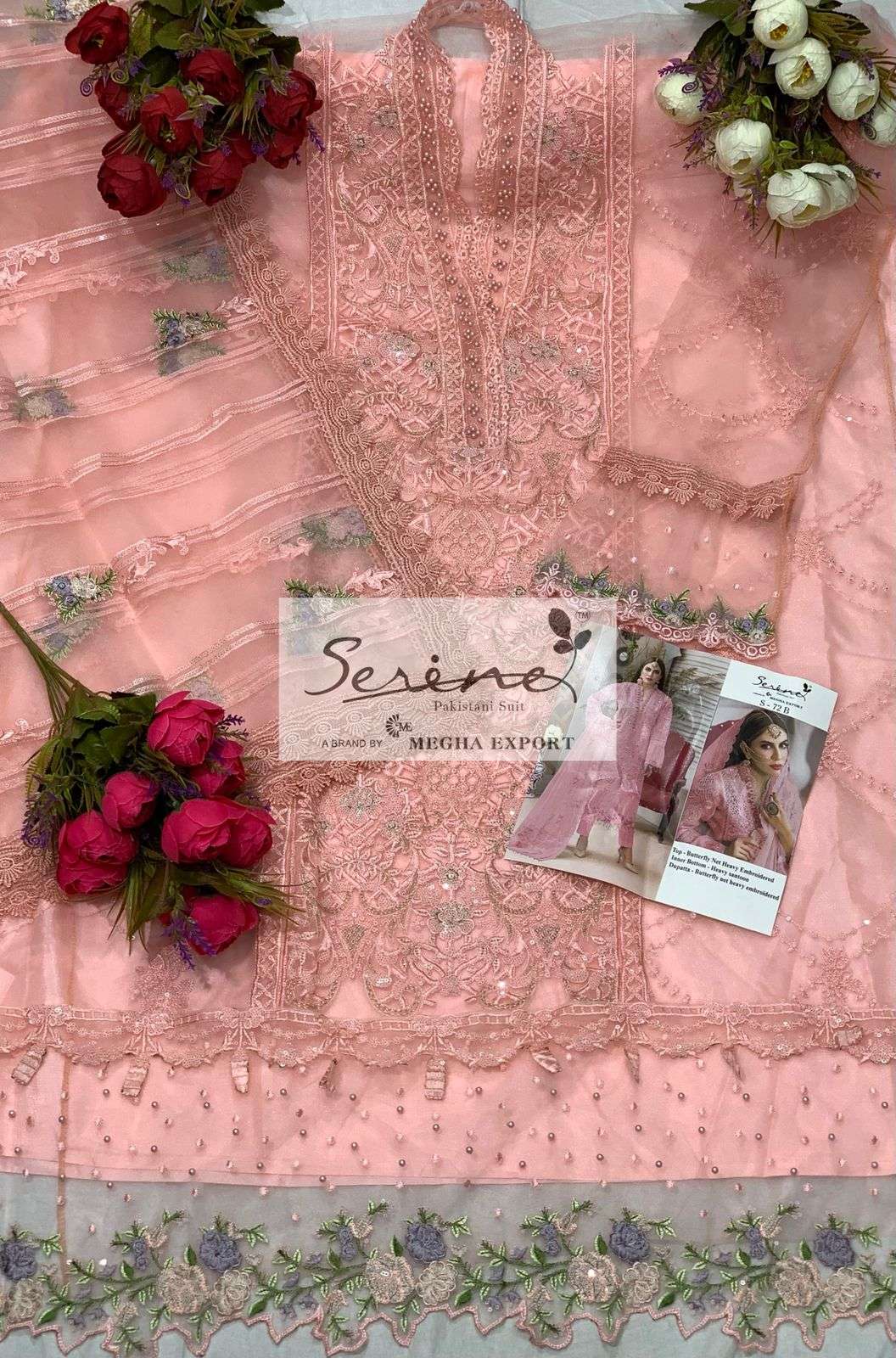 Serine D.No. S-72 Butterfly Net Heavy Embroidered Pakistani Suit On Wholesale