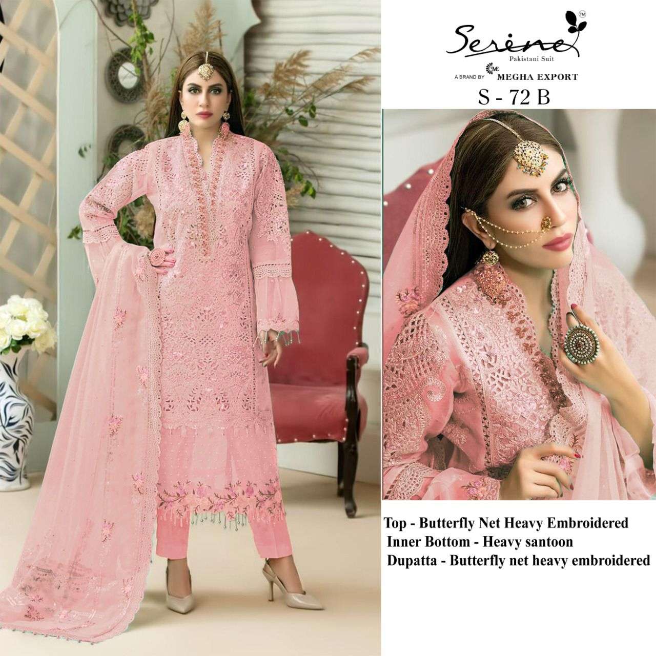 Serine D.No. S-72 Butterfly Net Heavy Embroidered Pakistani Suit On Wholesale