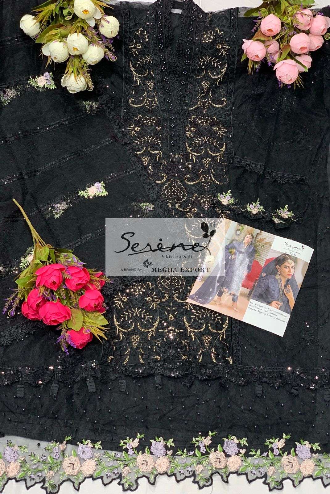 Serine D.No. S-72 Butterfly Net Heavy Embroidered Pakistani Suit On Wholesale