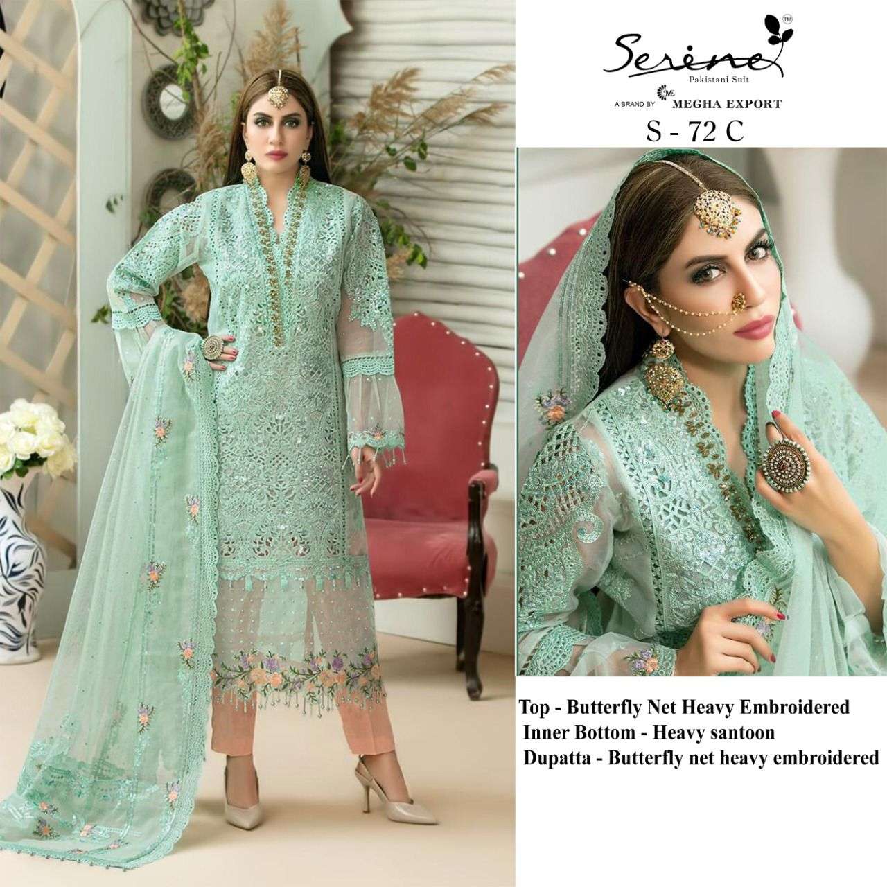 Serine D.No. S-72 Butterfly Net Heavy Embroidered Pakistani Suit On Wholesale