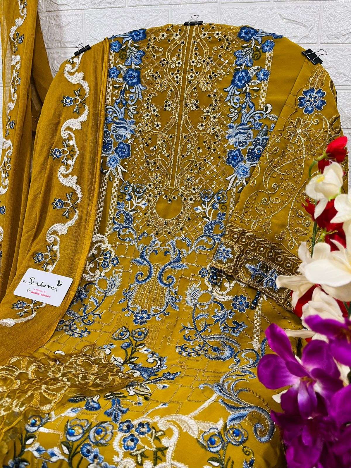 Serine S 116 Fox Georgette Heavy Embroidery With Diamond Pearls & Accessories On Wholesale