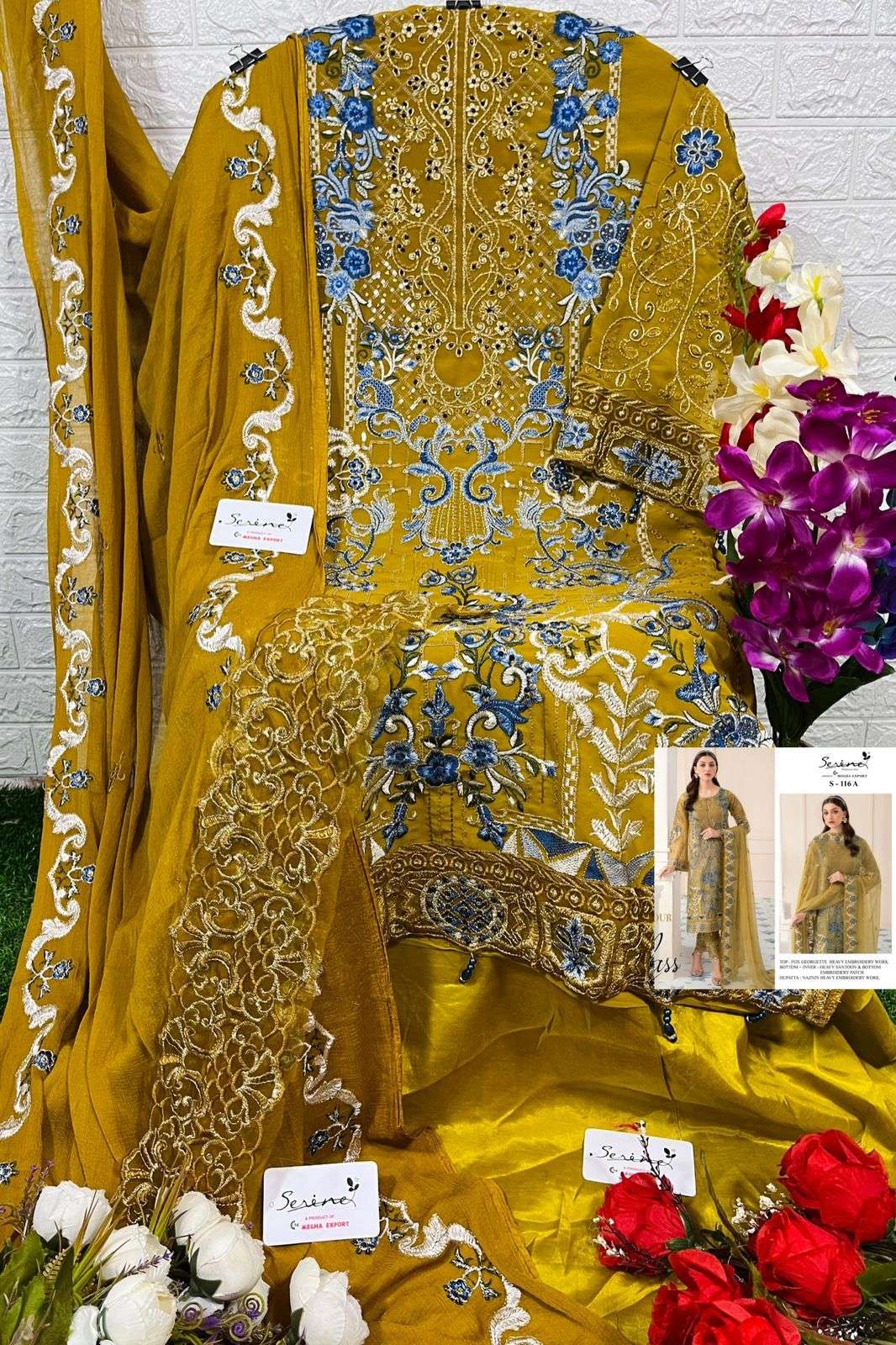 Serine S 116 Fox Georgette Heavy Embroidery With Diamond Pearls & Accessories On Wholesale