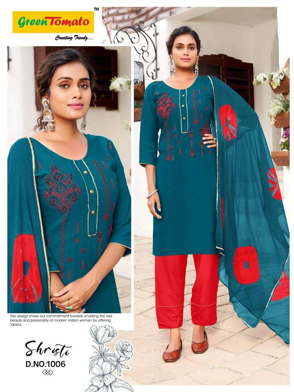 Shrishti Heavy Rayon Top Pant With Shibori Dying Dupatta embroidery Work On Wholesale