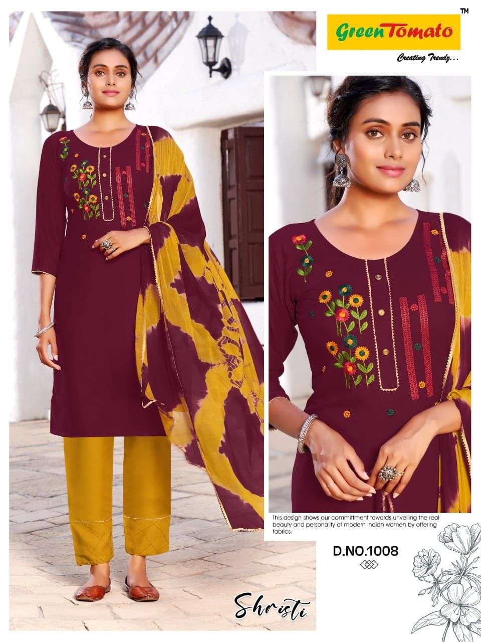 Shrishti Heavy Rayon Top Pant With Shibori Dying Dupatta embroidery Work On Wholesale