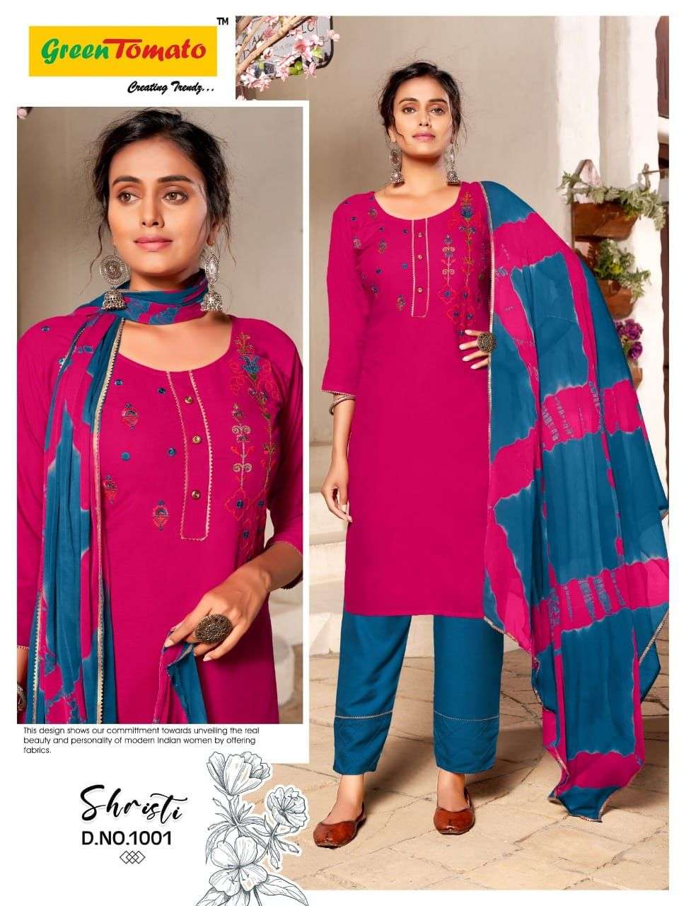 Shrishti Heavy Rayon Top Pant With Shibori Dying Dupatta embroidery Work On Wholesale