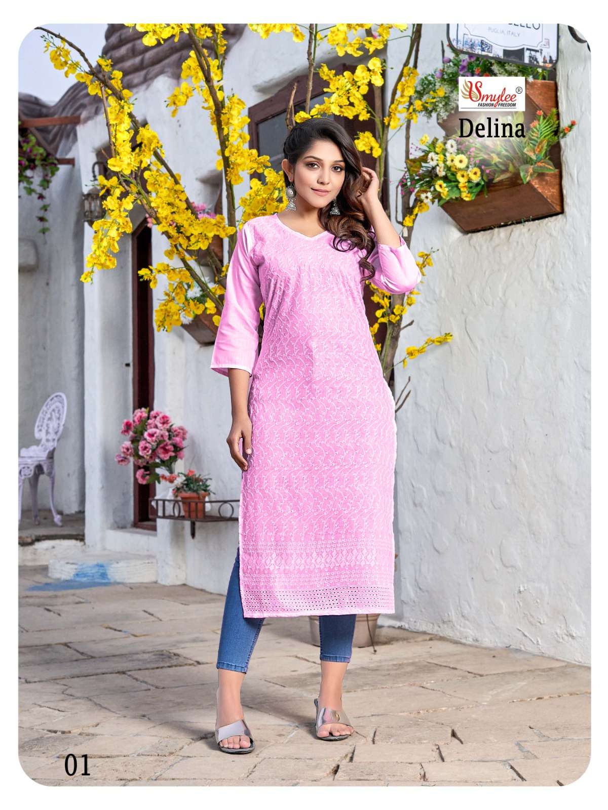Smylee Delina Chiken Work Kurti Catlogue On Wholesale 