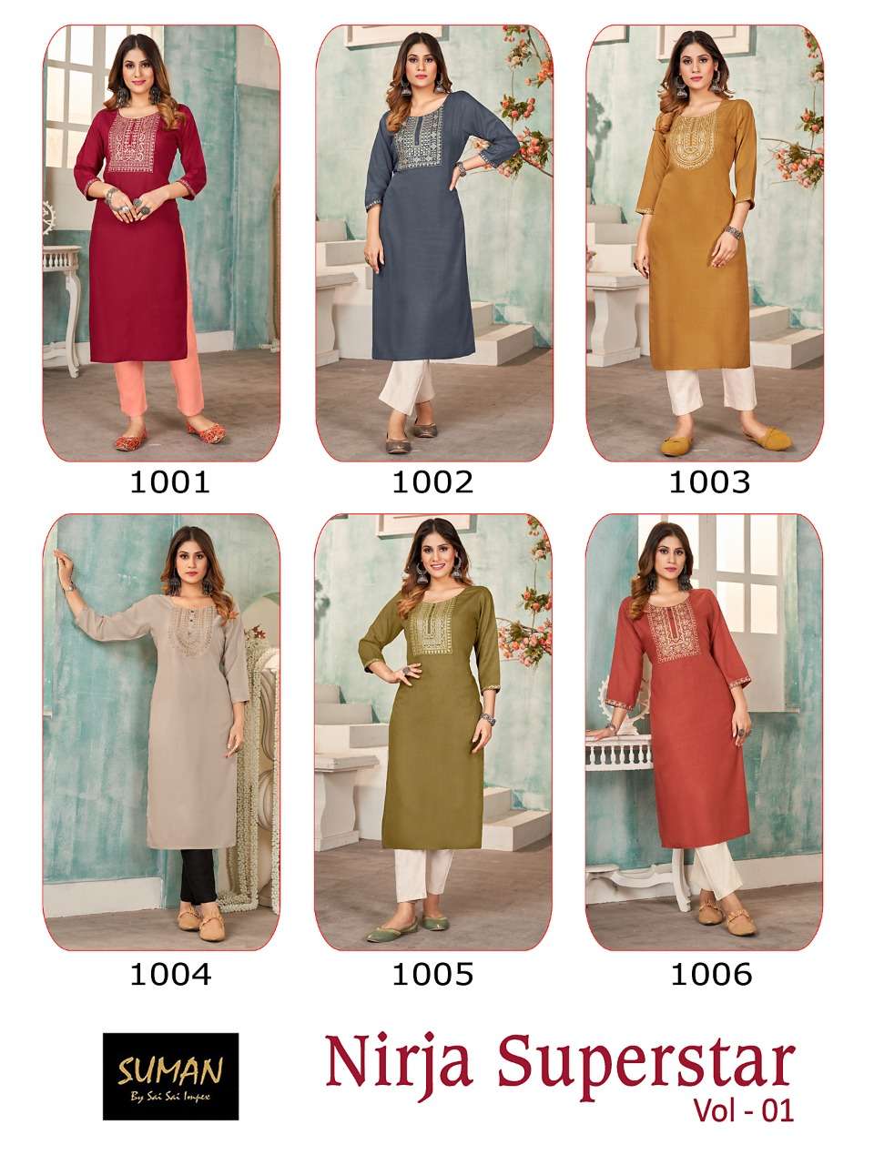 Suryajyoti Present Nirja Superstar Vol 1 Rayon Neck And Sleeves Embroidered With Sequence On Wholesale