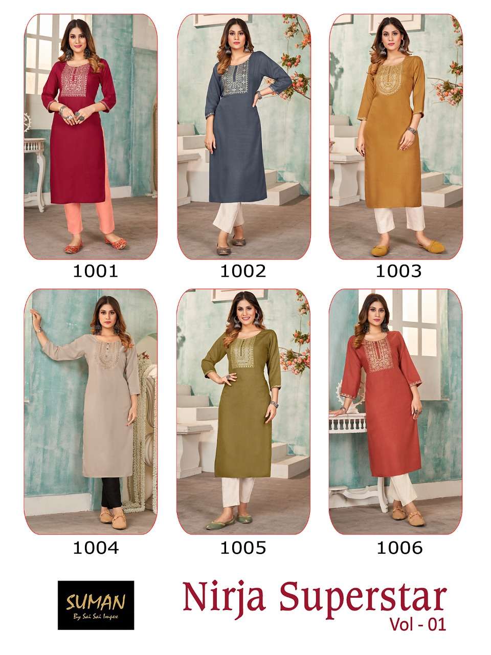 Suryajyoti Present Nirja Superstar Vol 1 Rayon Neck And Sleeves Embroidered With Sequence On Wholesale