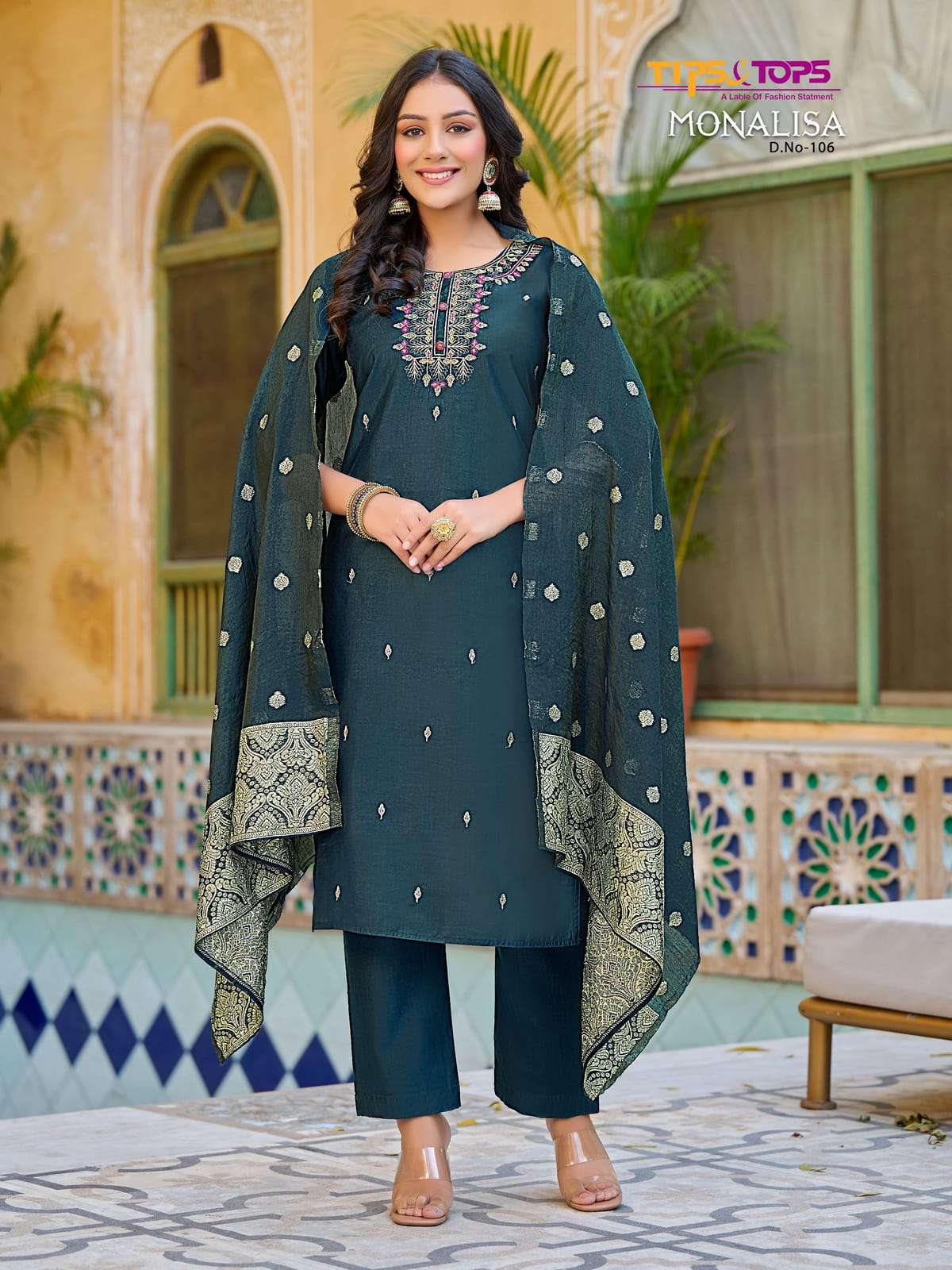 Tips & Tops Monalisa Fancy Viscose Chanderi Silk With Embroidery Work On Wholesale