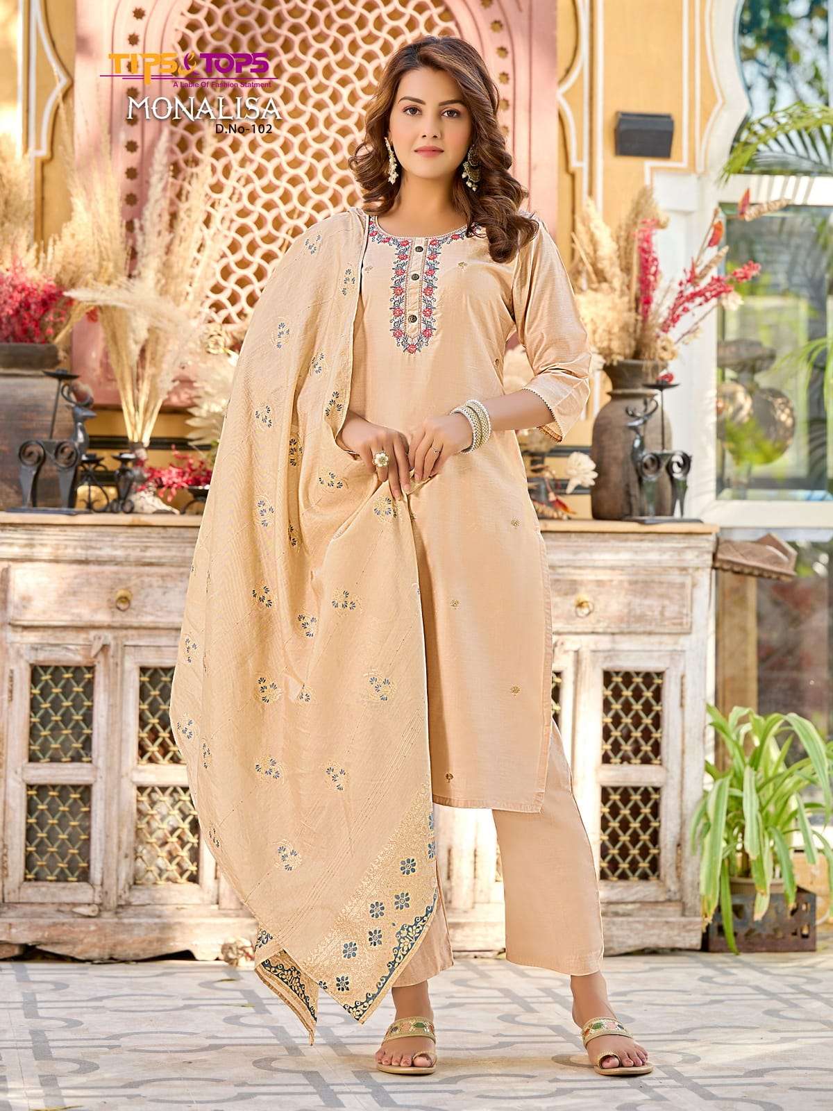 Tips & Tops Monalisa Fancy Viscose Chanderi Silk With Embroidery Work On Wholesale