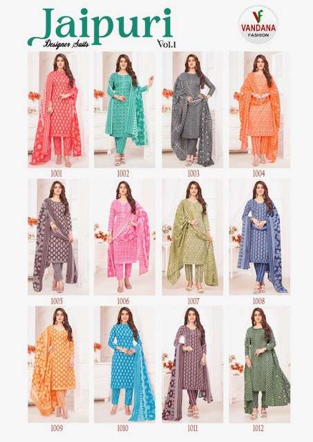 Vandana Jaipuri Vol 1 Pure Cotton Top Bottom With Dupatta On Wholesale