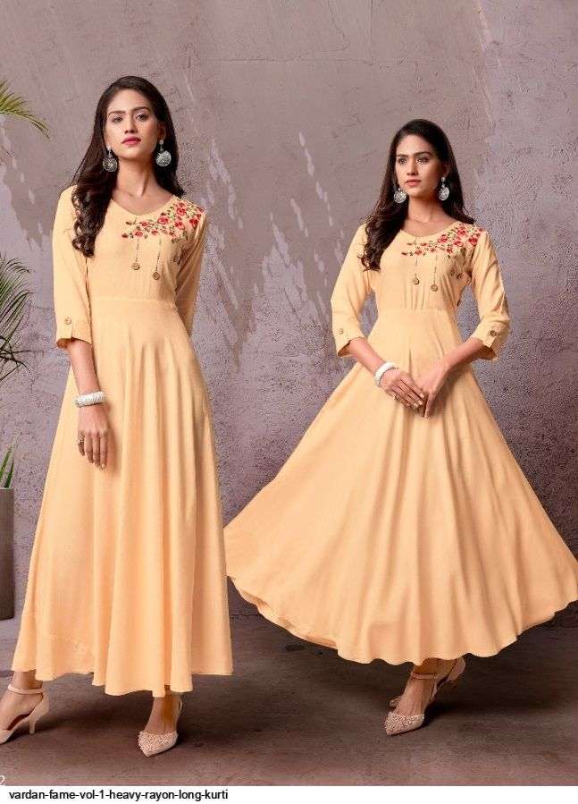 Vardan Fame Vol 1 Heavy Rayon Long Kurtis On Wholesale
