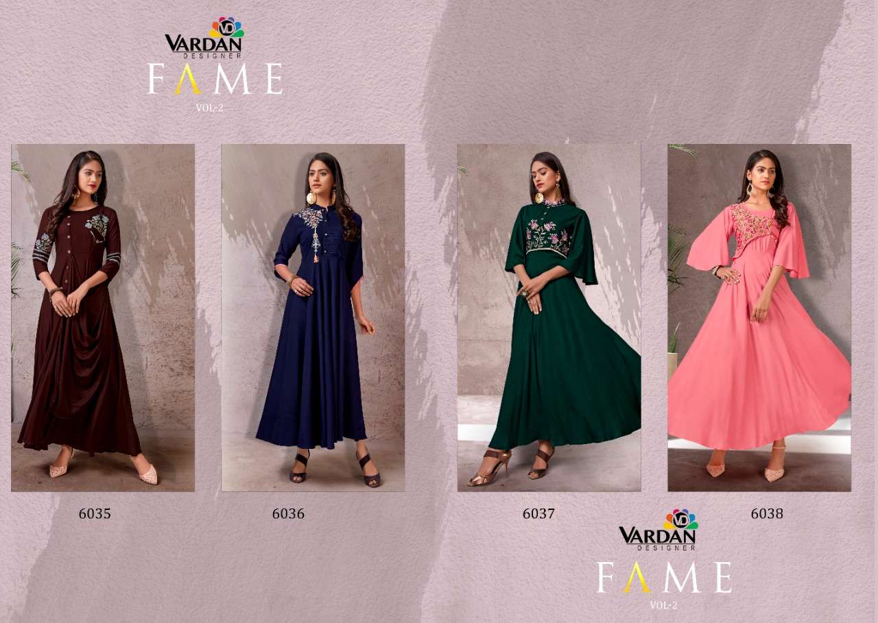 Vardan Fame Vol 2 Rayon Long Gown Style Latest Kurtis On Wholesale 