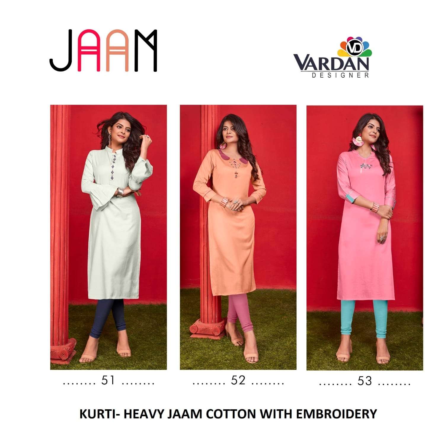 Vardan Jaam 1 Heavy Cotton Designer Stylish Stright With Embroidery Kurtis On Wholesale
