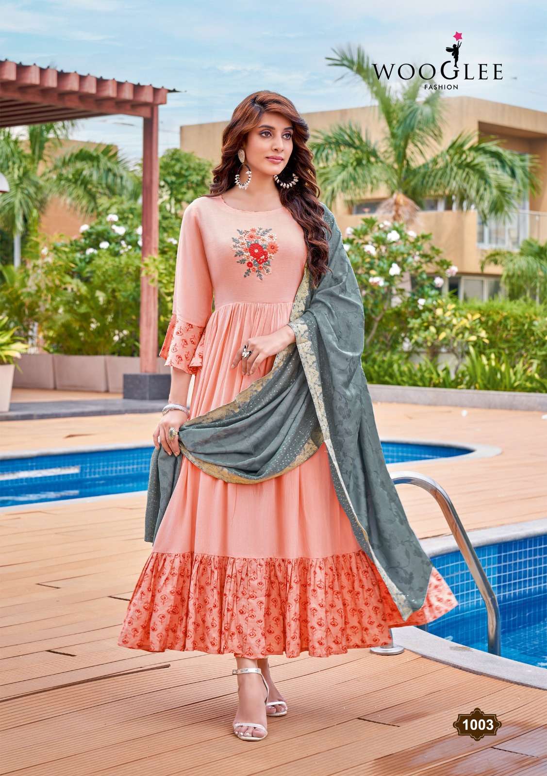 Wooglee Aaradhya Rayon Print Anarkali Kurtis With Viscose Jacquard Dupatta On Wholesale