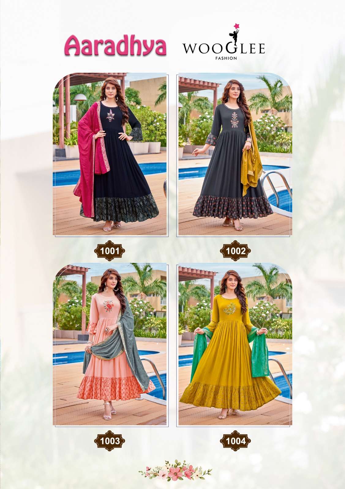 Wooglee Aaradhya Rayon Print Anarkali Kurtis With Viscose Jacquard Dupatta On Wholesale