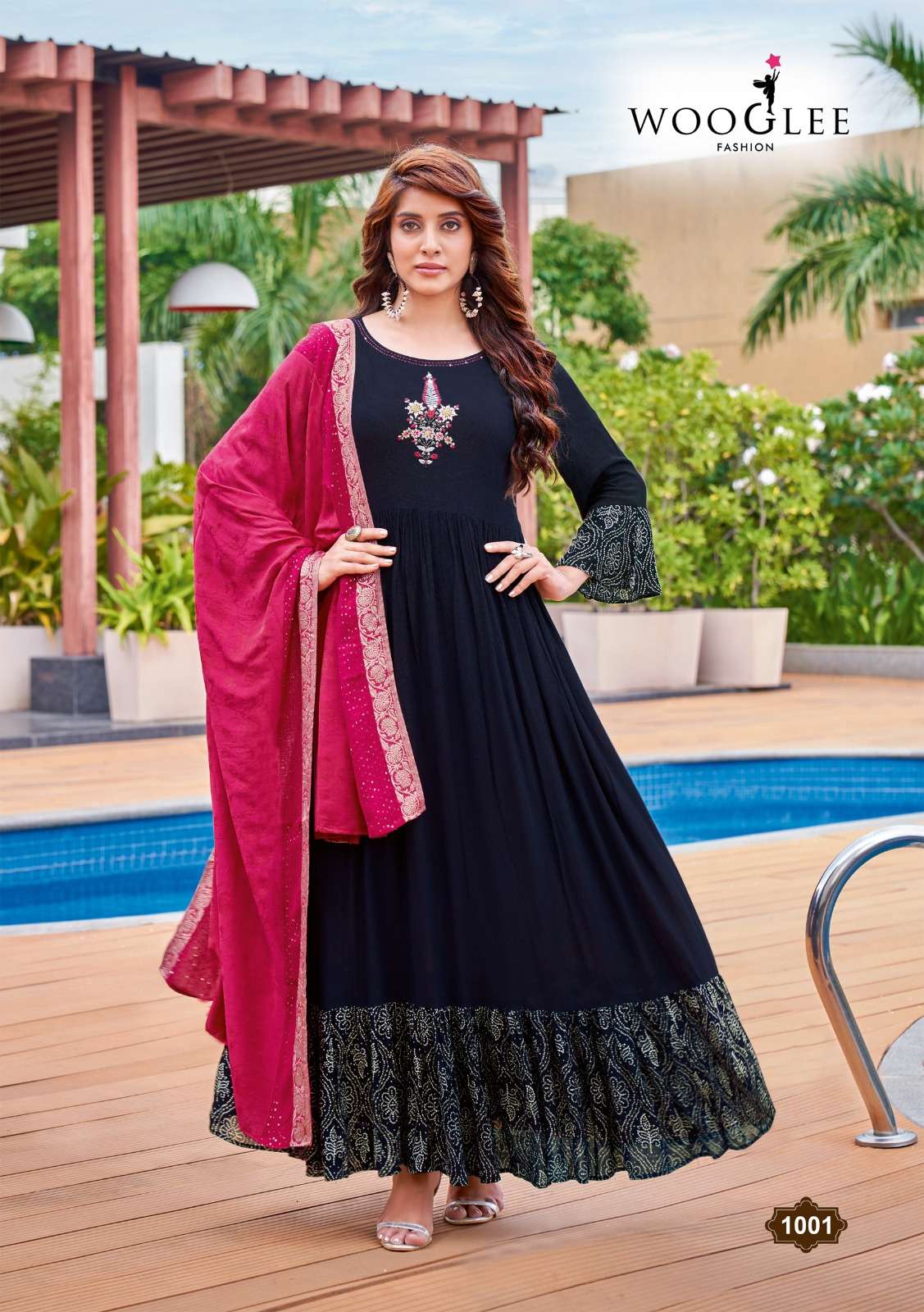 Wooglee Aaradhya Rayon Print Anarkali Kurtis With Viscose Jacquard Dupatta On Wholesale