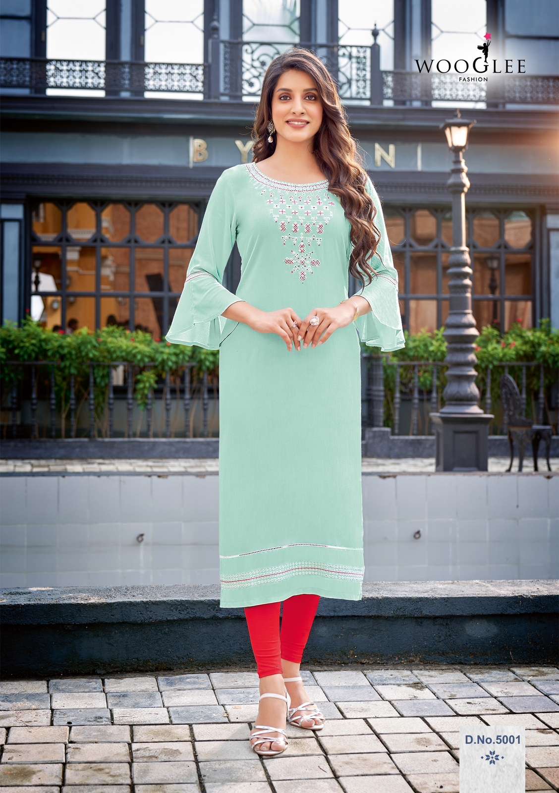 Wooglee Raas Heavy Rayon Straight Stylish Kurti On Wholesale