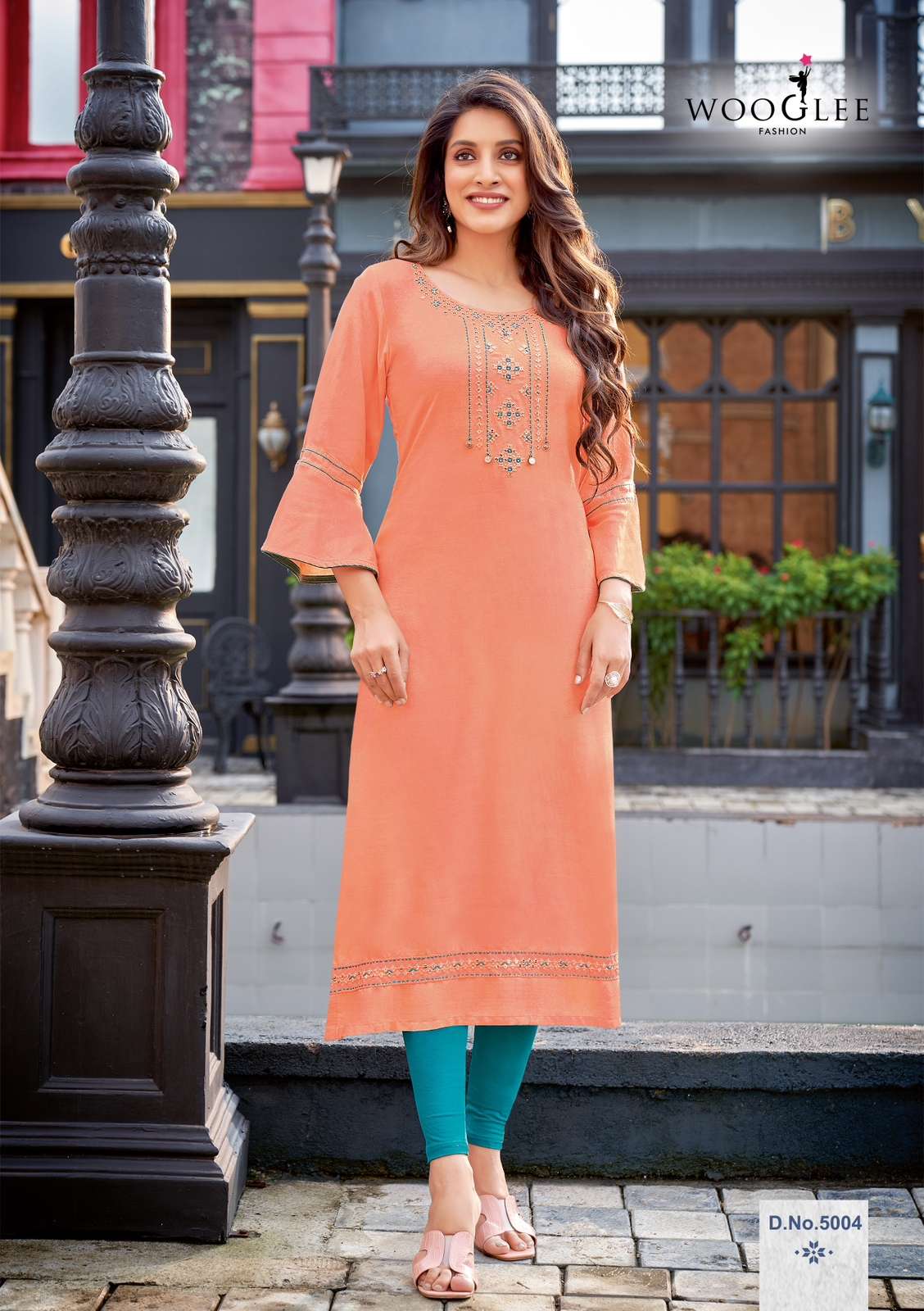 Wooglee Raas Heavy Rayon Straight Stylish Kurti On Wholesale