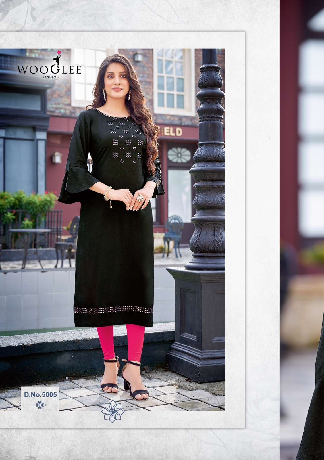 Wooglee Raas Heavy Rayon Straight Stylish Kurti On Wholesale